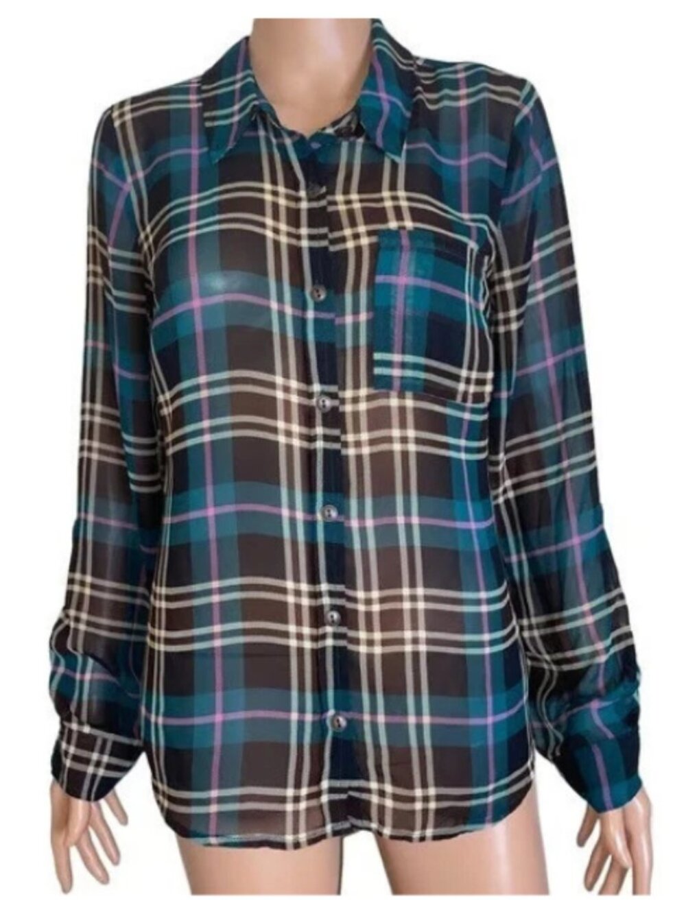 Modcloth Women's Green/Black Plaid Sheer Blouse, Size 2X